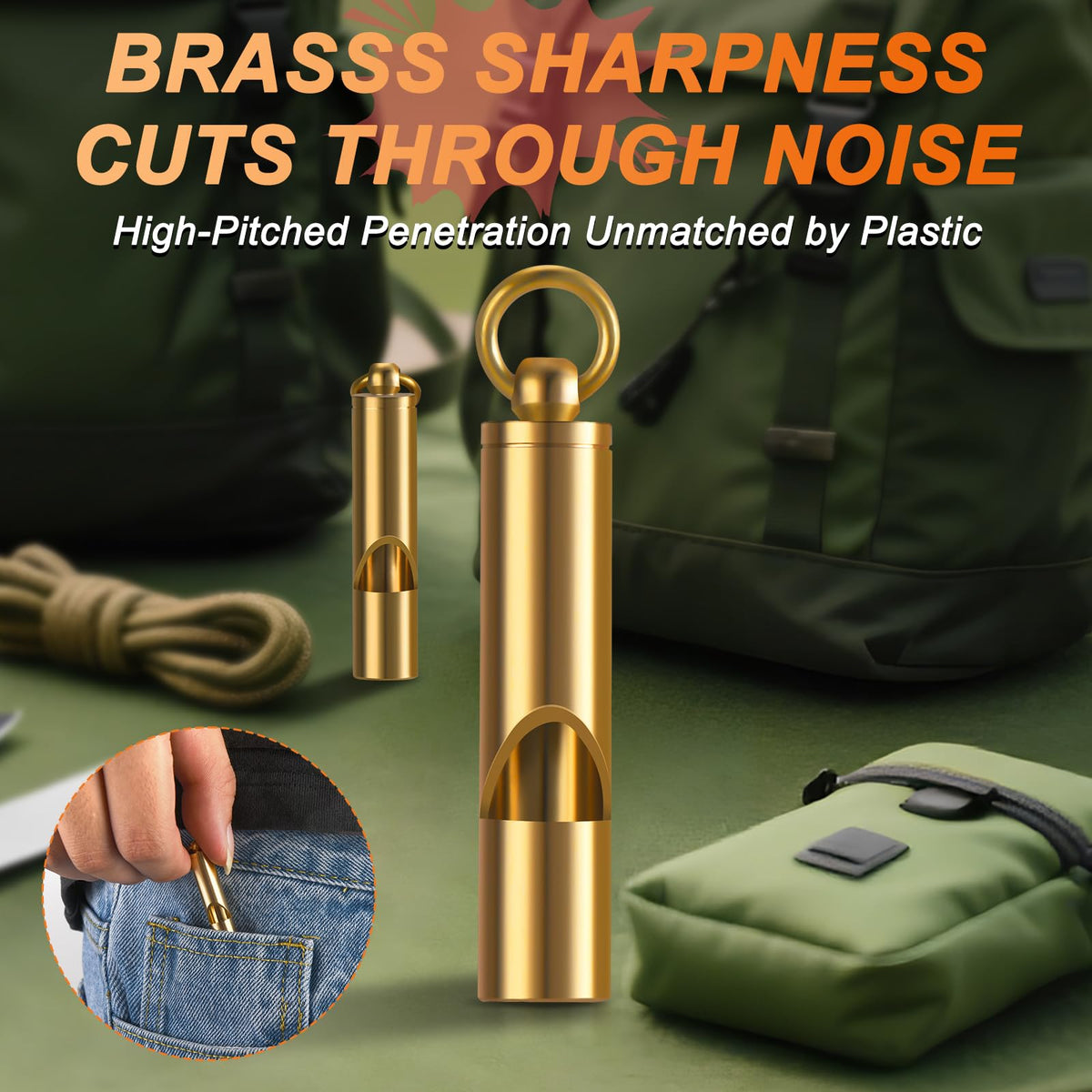 Brass Emergency Whistles 2 Pack with Tangle-Free Lanyard - Pealess Safety Whistle Survival Loud Blast for Kayak Life Vest, Boating, Camping Hiking, Hunting, Adults