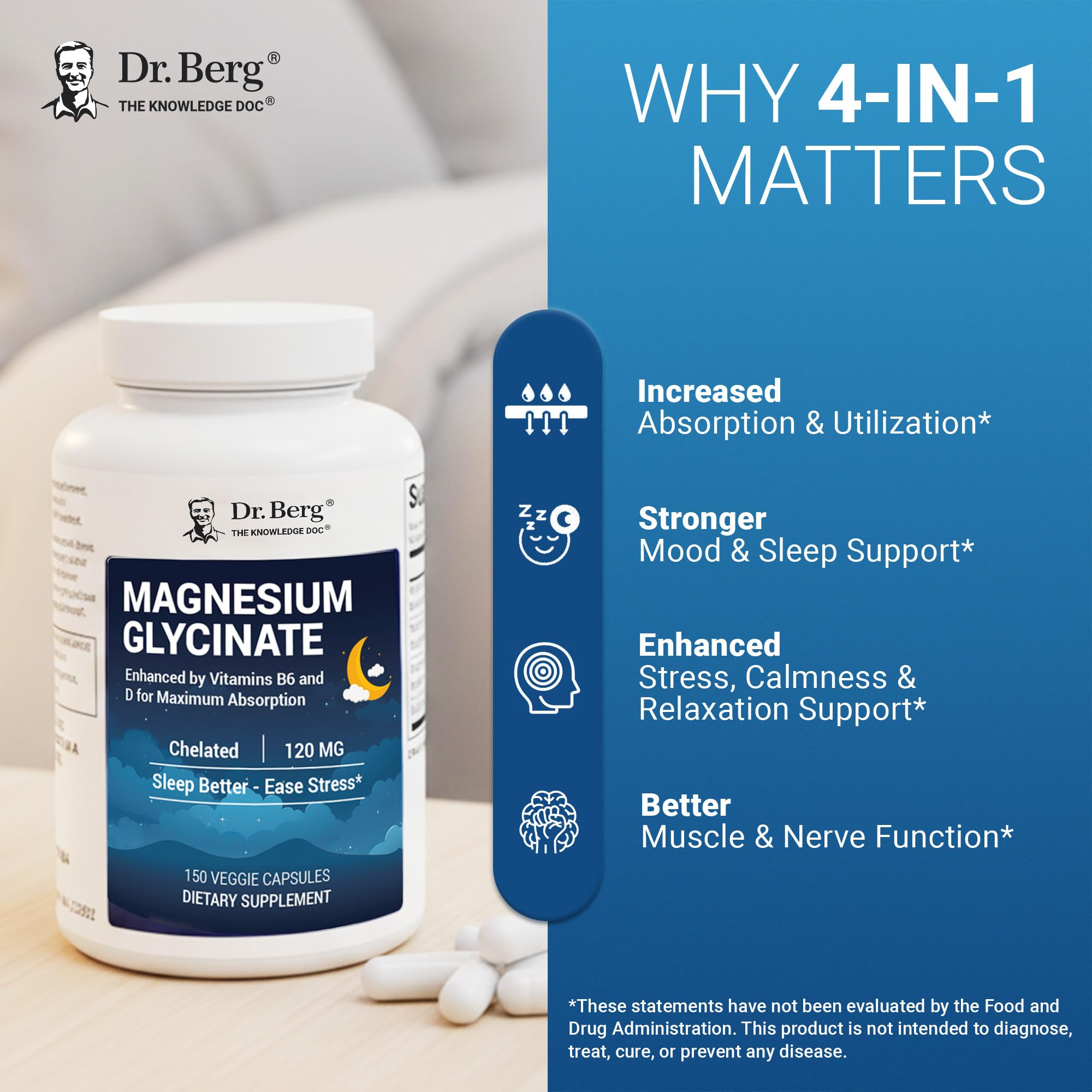 Dr. Berg Magnesium Glycinate 150ct – 4-in-1 Chelated for Muscle, Nerve, Sleep & Stress Support*– w/ D3, B6 & Zinc – 4X Lab-Tested – No Fillers – Formulated in USA, GMP-Certified