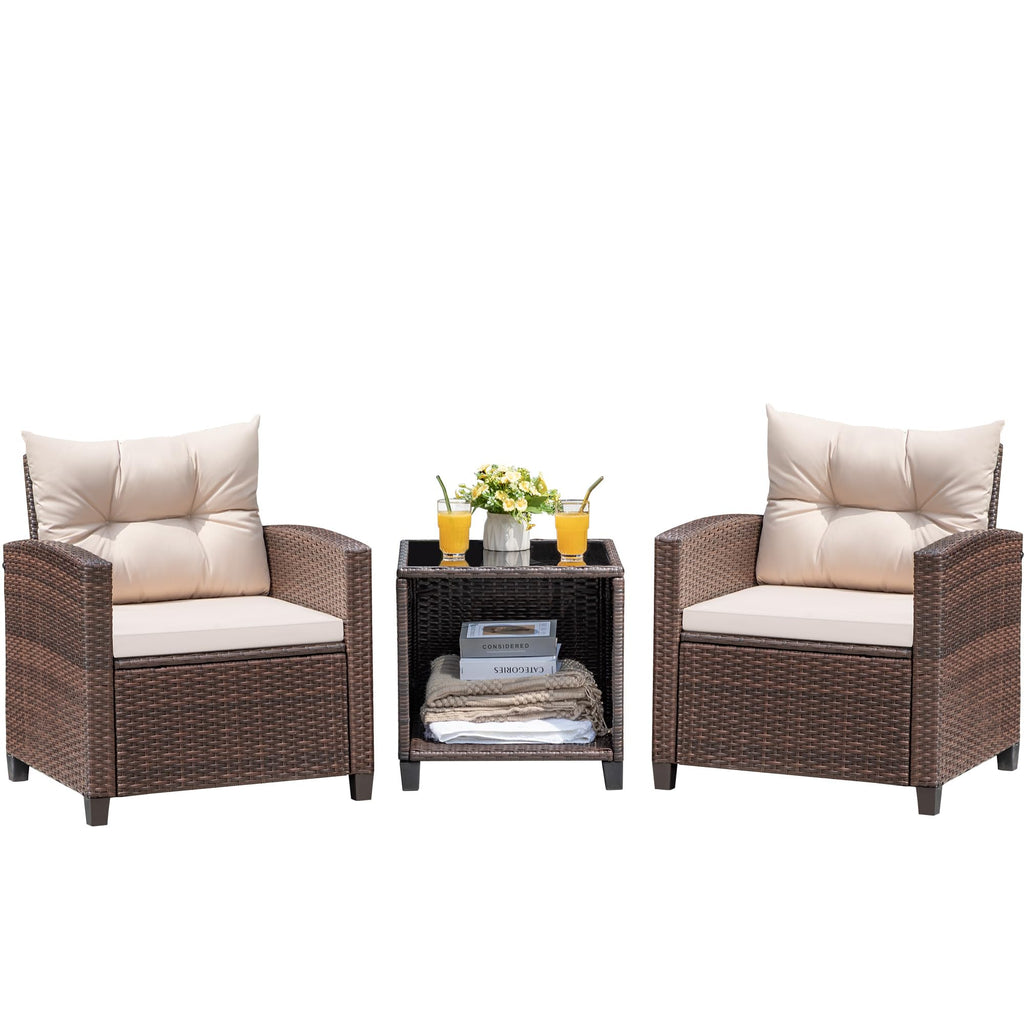 Devoko 3 Pieces Patio Furniture Set Outdoor Wicker Chairs and Table, Beige