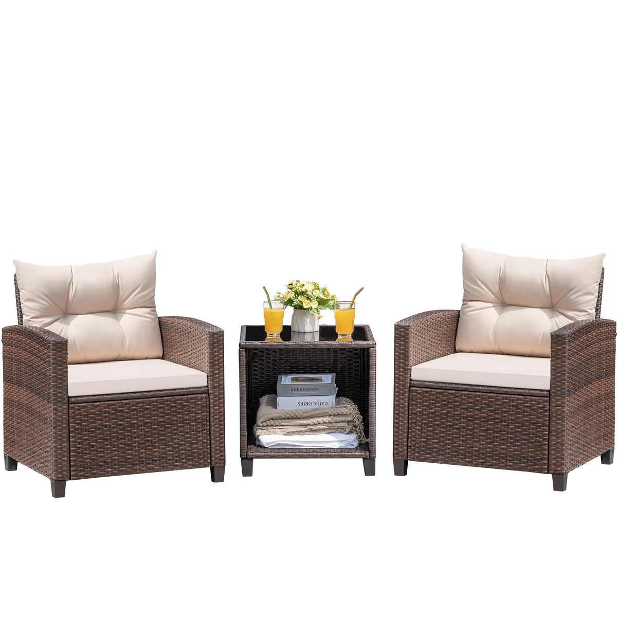 Devoko 3 Pieces Patio Furniture Set Outdoor Wicker Chairs and Table, Beige