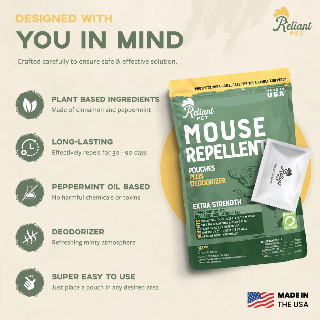 Reliant Pet Mouse Repellent Pouches - Rodent Repellent Made in USA (12 Pouches) - Keep Rodents Out of Cars Engines - Mice Repellent Indoor and Outdoor - Mouse Deterrents that Work with Peppermint Oil