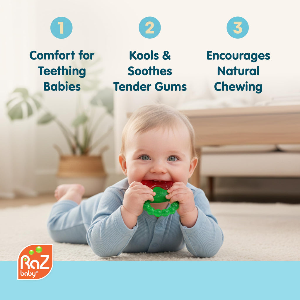 RaZbaby Fruit Koolers 3-Pack Koolers Water-Filled Teethers – Fun Fruit-Inspired Cooling Relief for 3M+ | Safe, BPA-Free Teether that Soothes Tender Gums