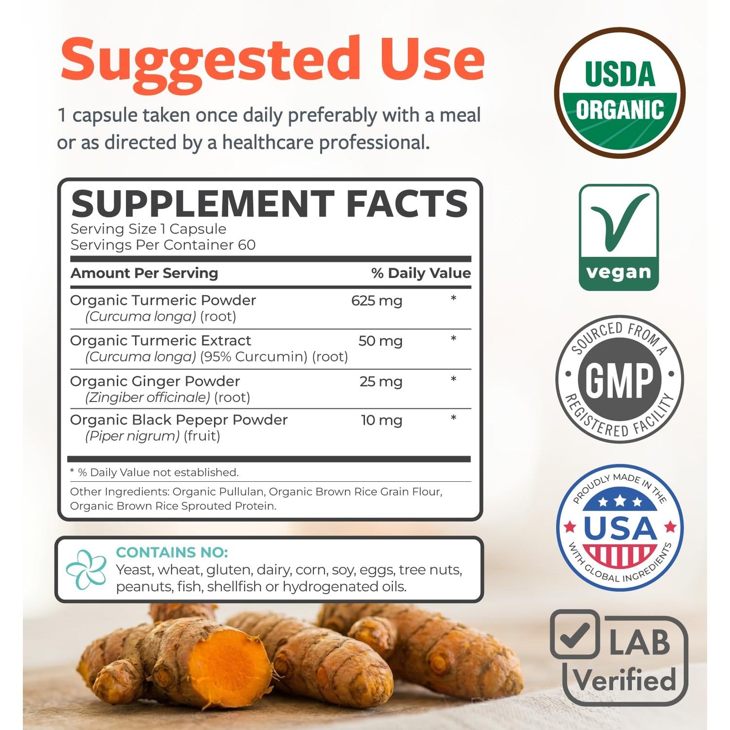 Organic Turmeric Ginger Black Pepper Supplement - High Potency Organic Turmeric Curcumin Capsules with Ginger & Black Pepper for Enhanced Benefits and Absorption - Vegan & Non-GMO (2 Month Supply)