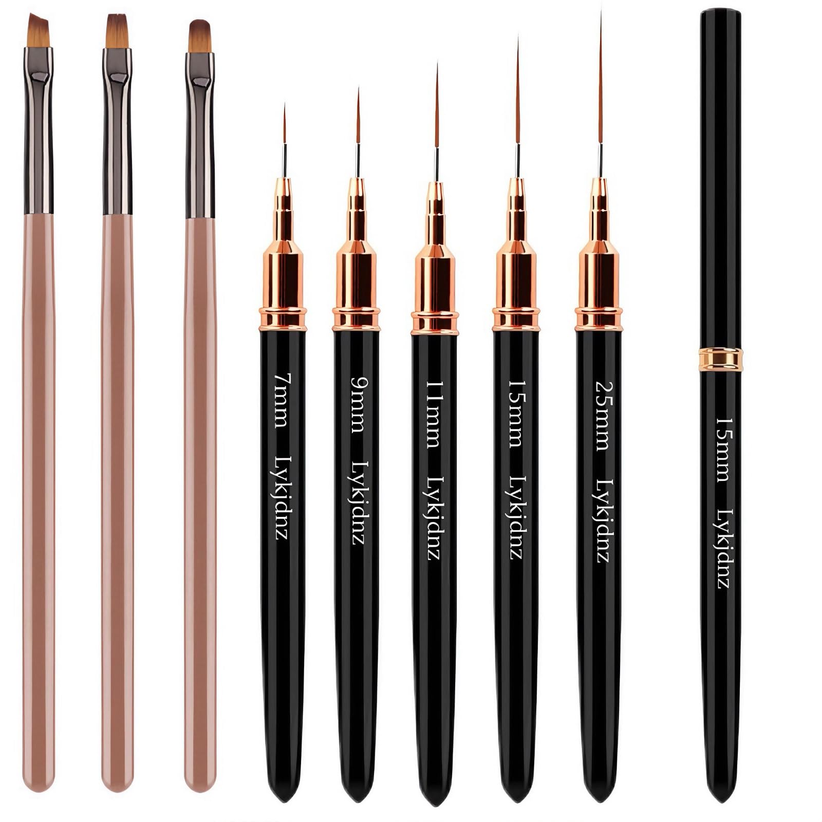 8Pcs Nail Art Brushes Set, 5 Art Liners & 3 Multi Shape Gel Builder Brushes | Liners with 7/9/11/15/25mm bristles for fine lining, gel coating & nail shaping, ideal for salon and DIY nail art