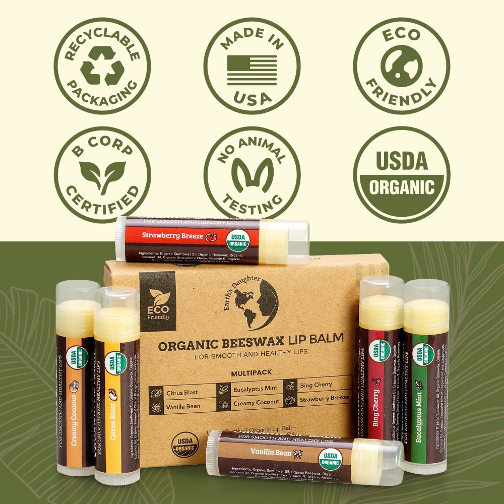 Buy now Earth's Daughter USDA Organic Lip Balm 6-Pack - Fruit Flavors, Beeswax, Coconut Oil, Vitamin E - Best Lip Repair Chapstick for Dry Cracked Lips - Moisturizing Lip Care at indiglob india