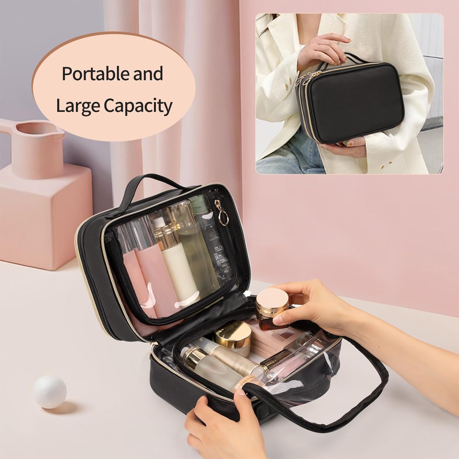 Buy now OCHEAL Makeup Bag, Double Layer Cosmetic Bag, Large Capacity New Look Clear Cosmetic Case for Women Travel Beauty Essentials, Multiple Compartments Makeup Case Organizer Zipper Pouch -Black at indiglob india