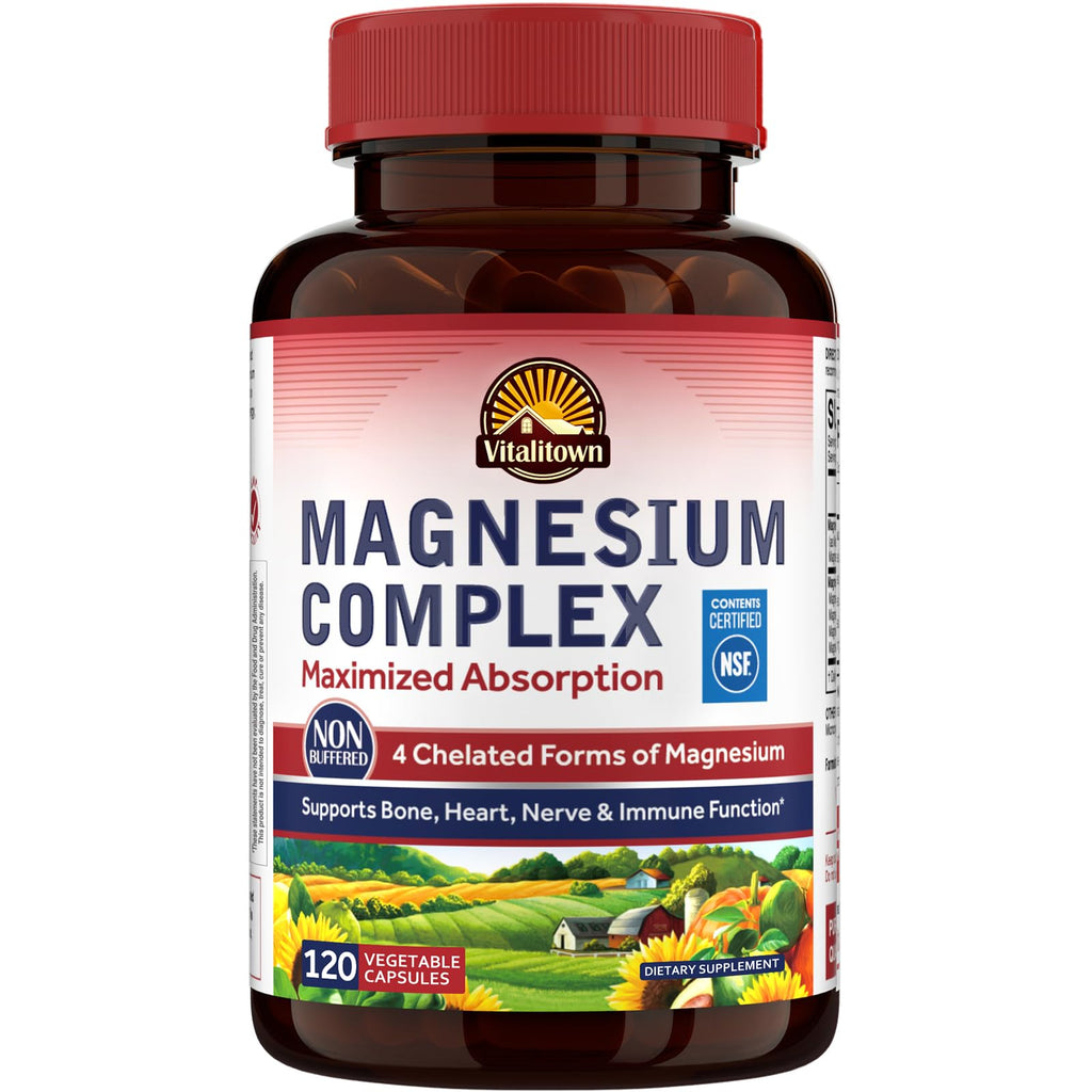 Vitalitown Magnesium Complex Supplement 500mg - NSF Certified Magnesium Glycinate, Malate, Taurate & Citrate - Chelated High Absorption & Gentle on Stomach - Vegan Non-GMO 240 Capsules