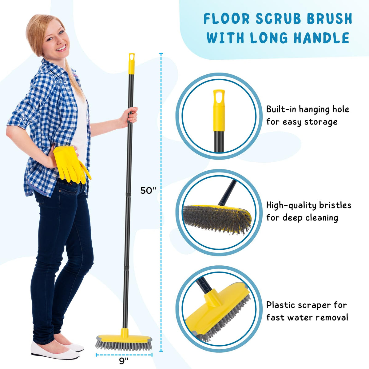 Deck Brush with Long Handle, 50'' Floor Scrub Broom for Shower, Patio