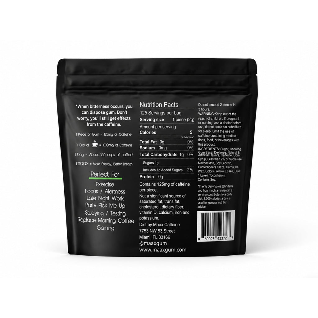 Maax Caffeine Energy Gum | 125mg of caffeine per piece | Spearmint | 125 total pieces per bag