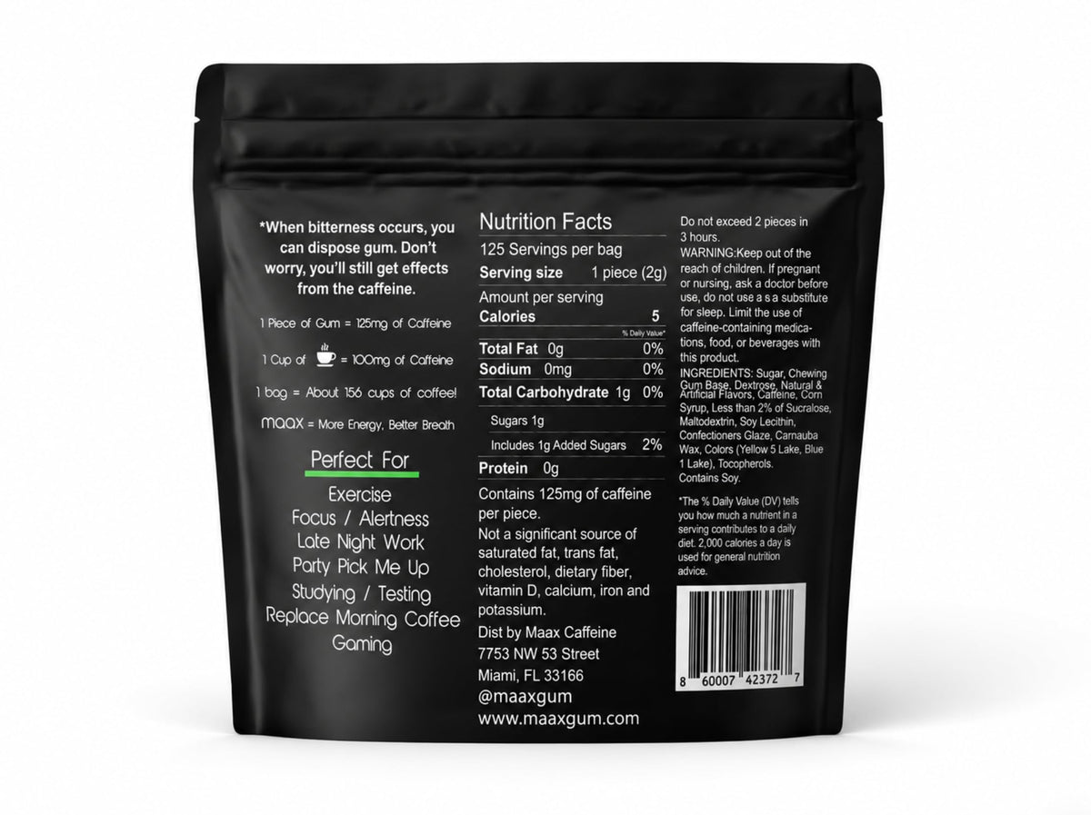 Maax Caffeine Energy Gum | 125mg of caffeine per piece | Spearmint | 125 total pieces per bag
