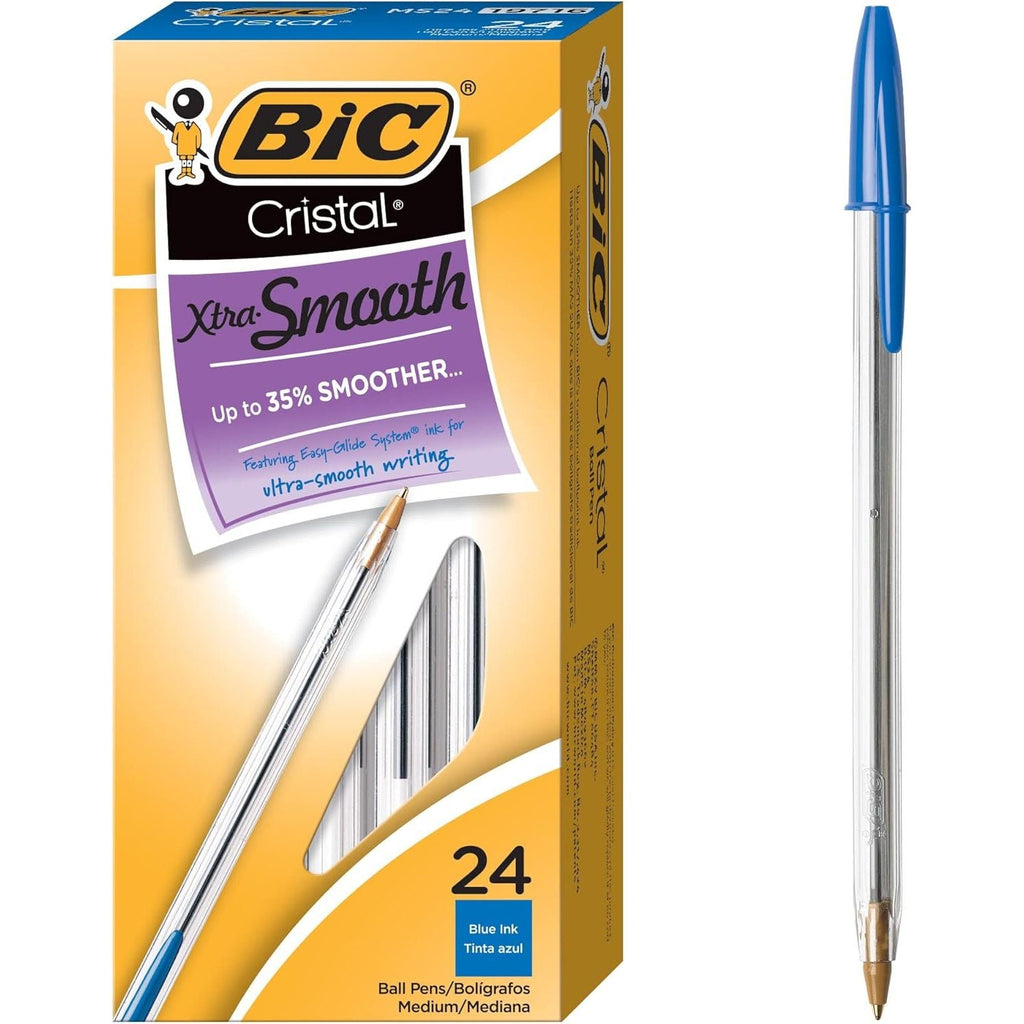 Buy now BIC Cristal Xtra Smooth Blue Ballpoint Pens, Medium Point (1.0mm), 24-Count Pack, Extra Smooth and Reliable Ballpoint Pens at indiglob india