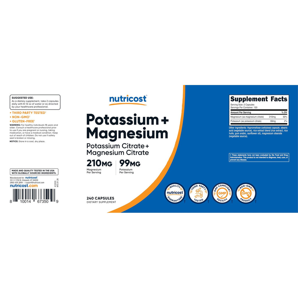 Nutricost Potassium (99mg) Magnesium (210 mg) Citrates, 240 Capsules | GMO-Free, Gluten Free