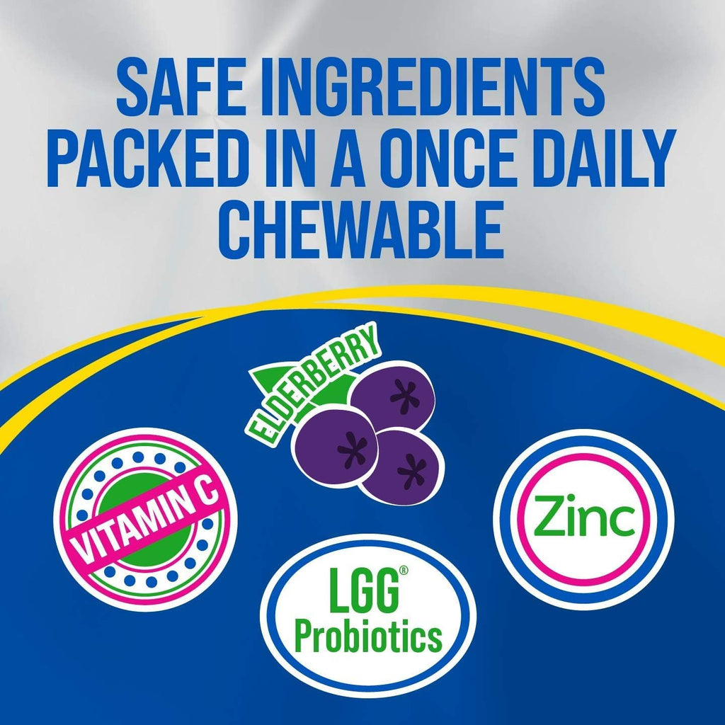 Culturelle Kids Daily Immune Defense Probiotic Chewables, Ages 3+, 30 Count | From the #1 Pediatrician-Recommended Brand±, Digestive Gut Health, 4-in-1 Immune Support*, Zinc, Vitamins C & D, Elderberry