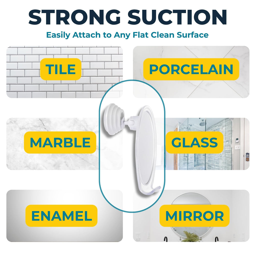 HONEYBULL Fogless Shower Mirror for Shaving with Suction Mount, White | Shatterproof Acrylic Bathroom Accessory With 360 Swivel & Built-in Razor Hook, Clear Reflection in Steam & No-Drill Setup
