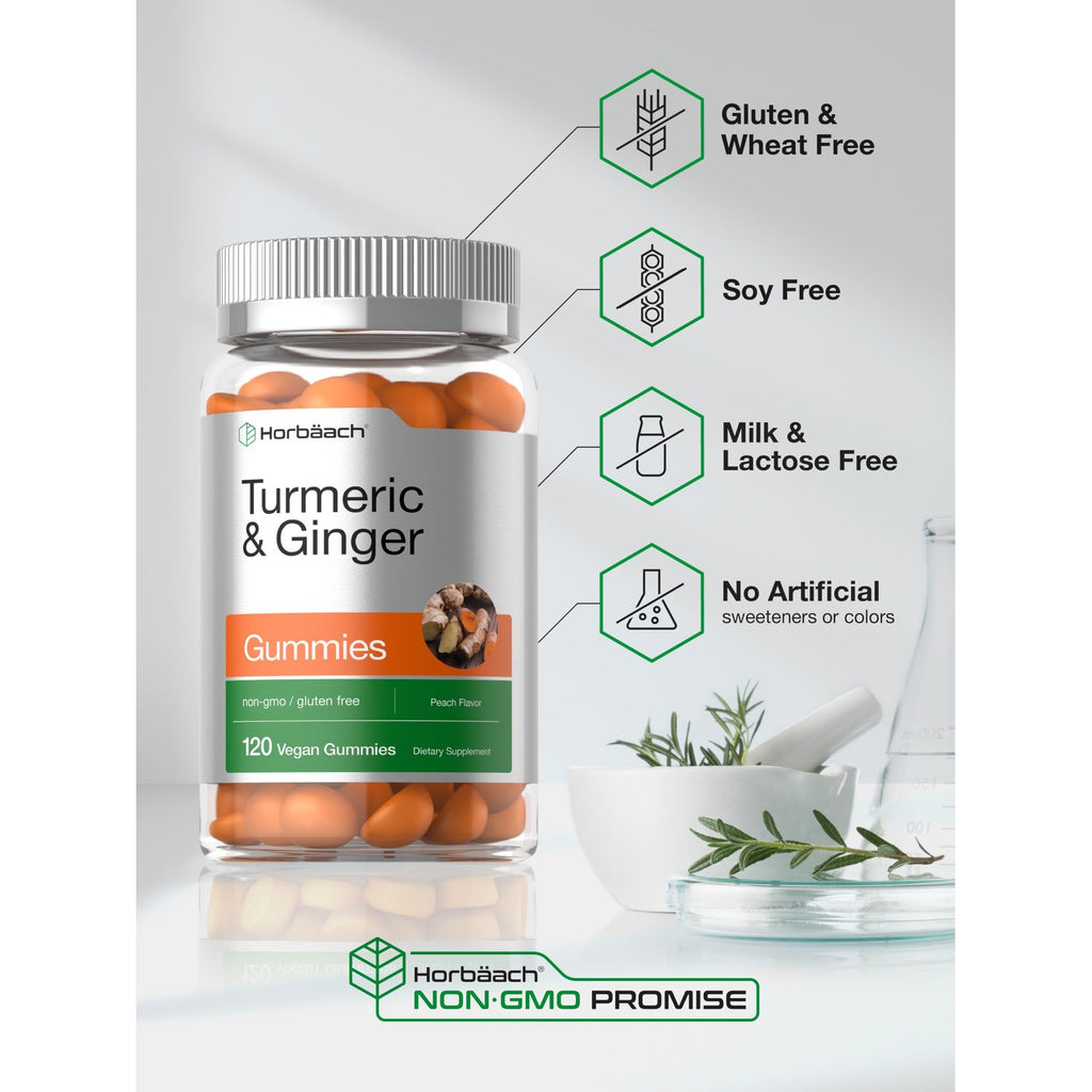 Horbäach Turmeric and Ginger Gummies | 120 Count | Peach Flavor