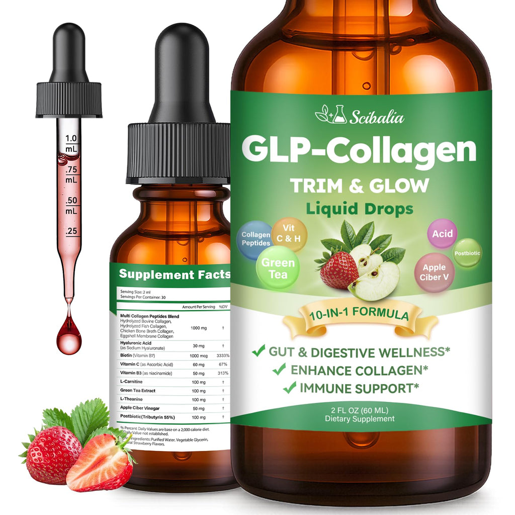 10-in-1 Liquid Collagen for Women, GLP Friendly Multi Collagen | Trim & Glow Hydrolyzed Collagen Burn Drops w. Hyaluronic Acid Biotin Green Tea & ACV, Digestive Gut Skin Health & Hair Growth
