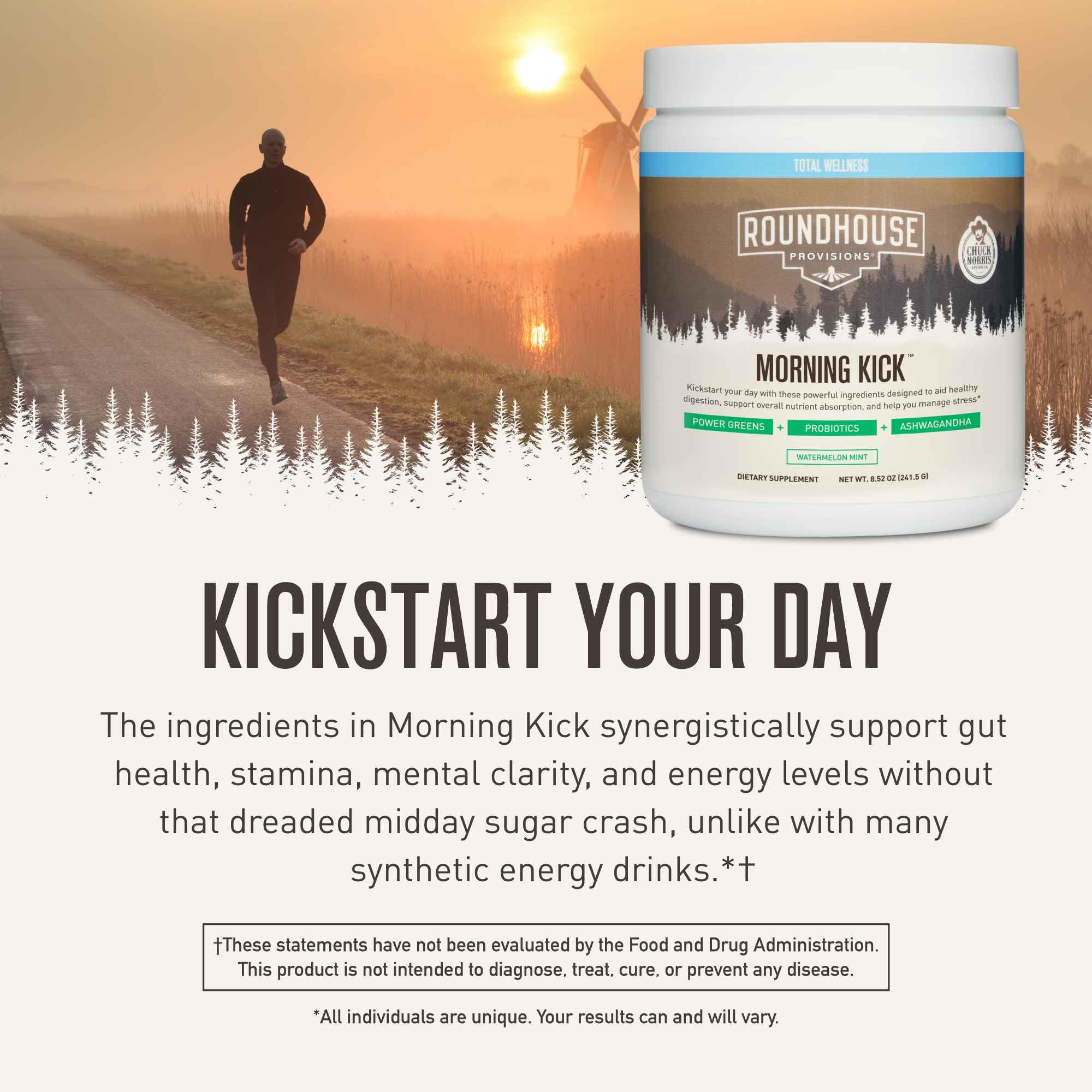 ROUNDHOUSE PROVISION Morning Kick Greens Powder, Watermelon Mint, 3 Pack | Greens Superfood Powder for Gut Health, Sugar Free, Caffeine Free, Ashwagandha, Collagen Peptides, Probiotics, Chuck Norris