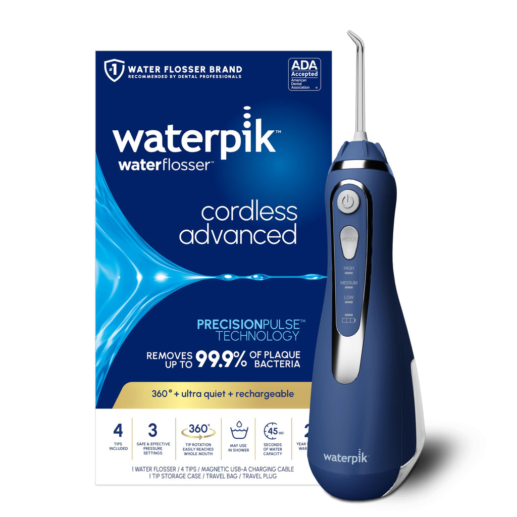 Buy now Waterpik Cordless Advanced 2.0 Water Flosser For Teeth, Gums, Braces, Dental Care With Travel Bag and 4 Tips, ADA Accepted, Rechargeable, Portable, and Waterproof, White WP-580, Packaging May Vary Blue at indiglob india