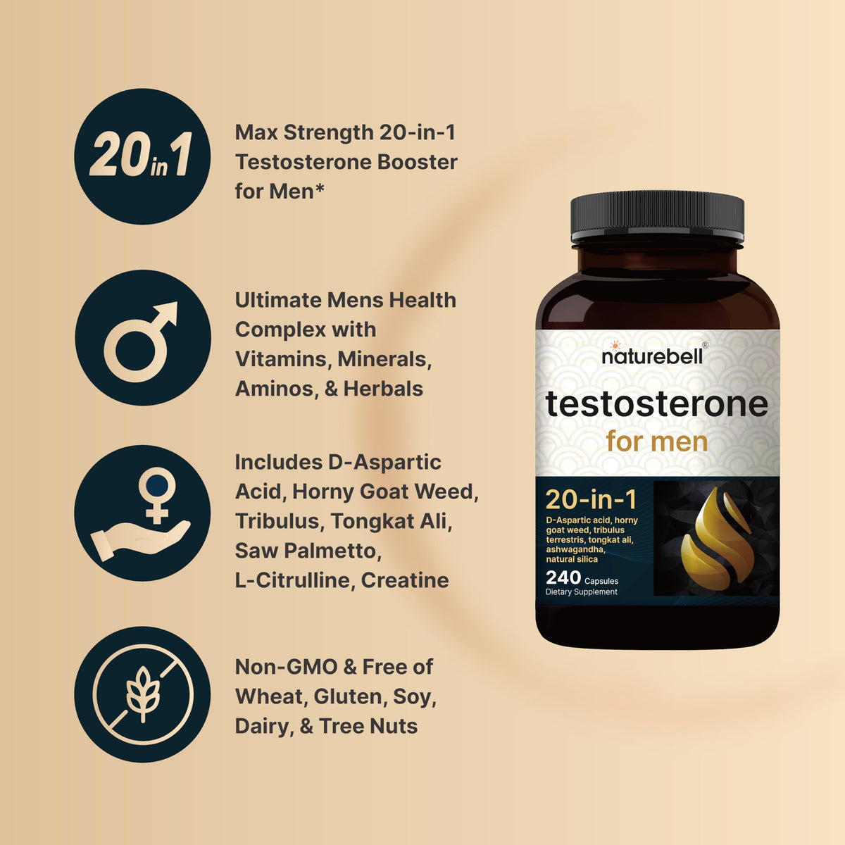 NatureBell Testosterone for Men, 240 Capsules | 20-in-1 Mens Health Complex with D-Aspartic Acid, Horny Goat Weed, Tribulus, Tongkat Ali, Saw Palmetto, Ashwagandha, L-Citrulline, & Creatine*