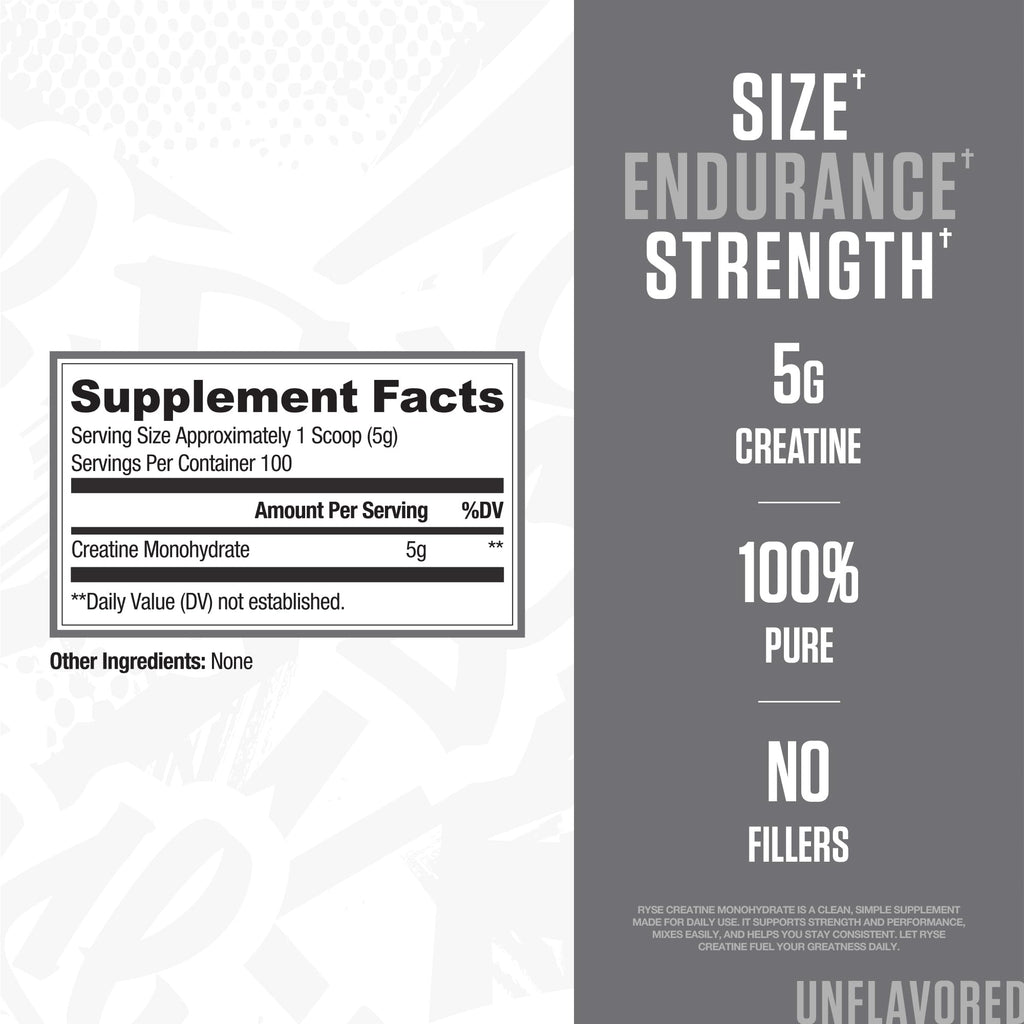 Ryse Creatine Monohydrate Powder - Unflavored - Supports Men & Women Lean Muscle Growth, Strength, Power, and Endurance - Helps Reduce Fatigue and Improve Workout Recovery - 100 Servings