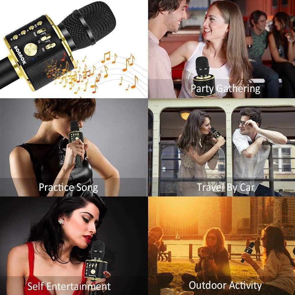 Buy now BONAOK Wireless Bluetooth Karaoke Microphone, 3-in-1 Portable Handheld Mic Speaker Machine for All Smartphones, Gifts to Girls Boys Kids Adults All Age Q37(Black Gold) at indiglob india
