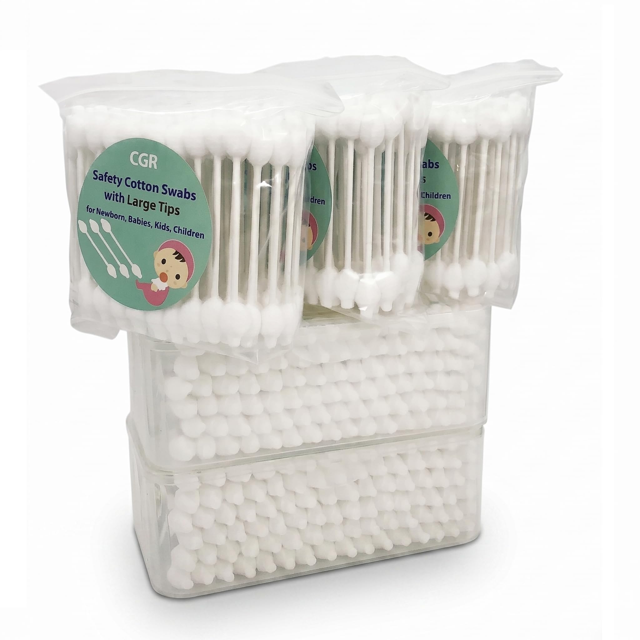 400pcs CGR Baby Safety Cotton Swabs with Large Tips for Newborn Babies Kids | Safety Large Tips, 100% Pure Cotton, Eco-Friendly Paper Sticks, for Infant Ears, Nose & Navel, 5x80pcs total 400pcs