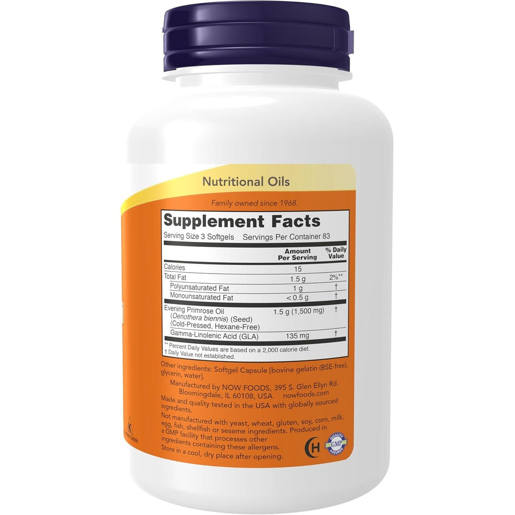 Buy now NOW Foods Supplements, Evening Primrose Oil 500 mg with Naturally Occurring GLA (Gamma-Linolenic Acid), 250 Softgels at indiglob india
