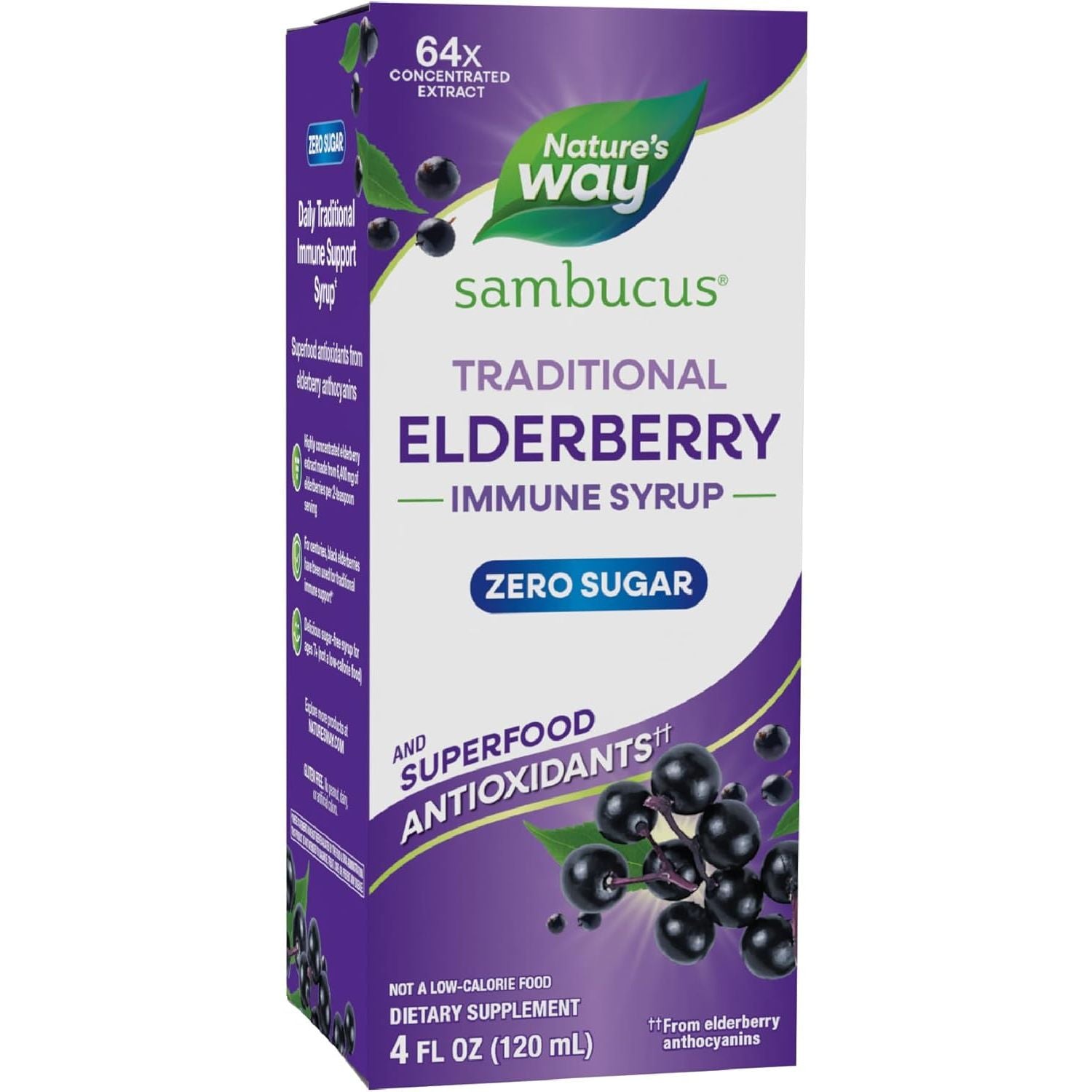 Buy now Natureâ€™s Way Sambucus Zero Sugar Traditional Immune Syrup, Highly Concentrated Black Elderberry Extract, Traditional Immune Support*, Sugar-Free, Berry Flavored, 8 Fl Oz (Packaging May Vary) 4 Fl Oz (Pack of 1) Elderberry at indiglob india