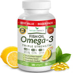 Triple Strength Omega 3 Fish Oil for Heart Health, Brain & Eyes – Burpless | High EPA & DHA Fish Oil for Men & Women, Lemon Flavor, Third Party Tested, Omega 3 Supplements for Joints – 120 Capsules