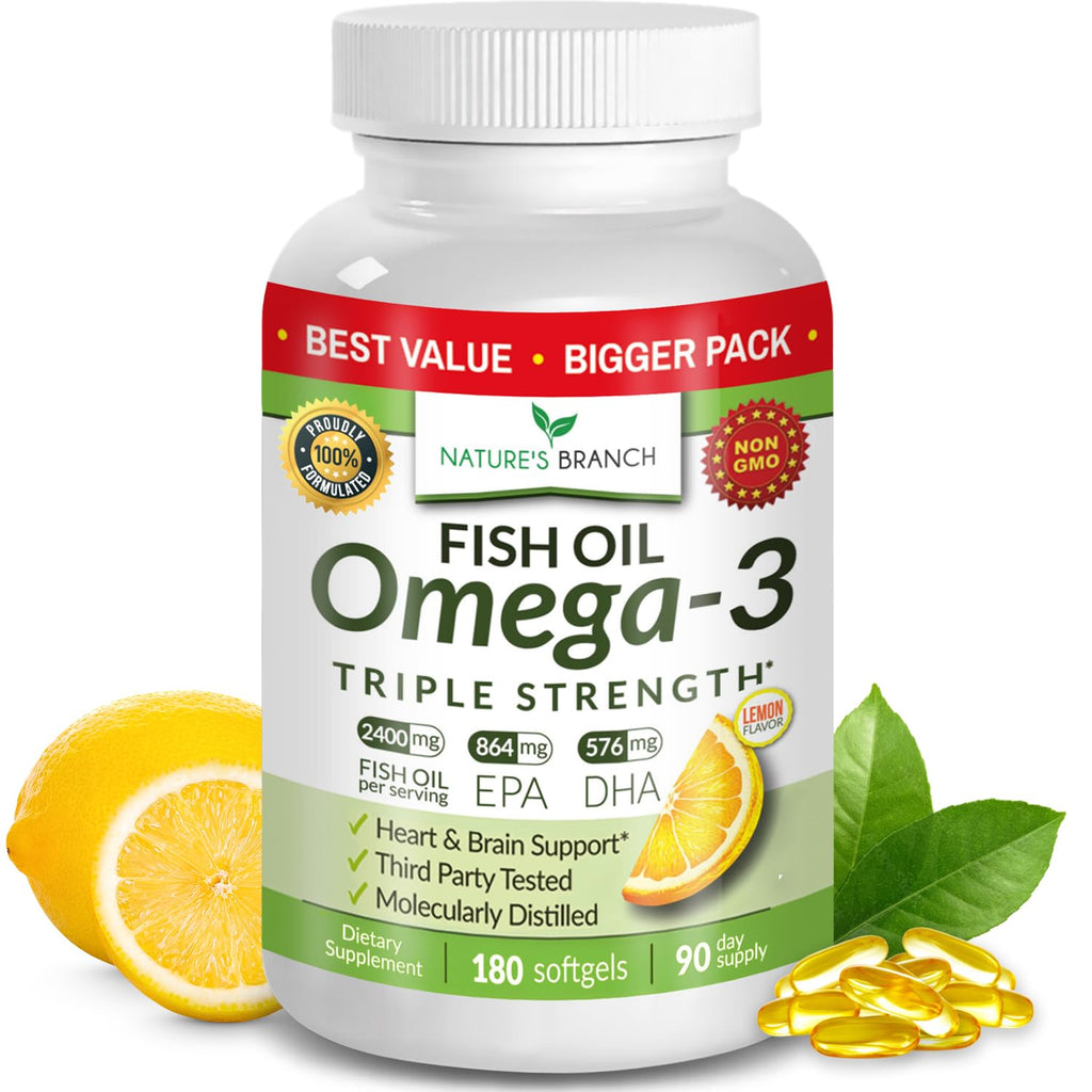 Triple Strength Omega 3 Fish Oil for Heart Health, Brain & Eyes – Burpless | High EPA & DHA Fish Oil for Men & Women, Lemon Flavor, Third Party Tested, Omega 3 Supplements for Joints – 120 Capsules