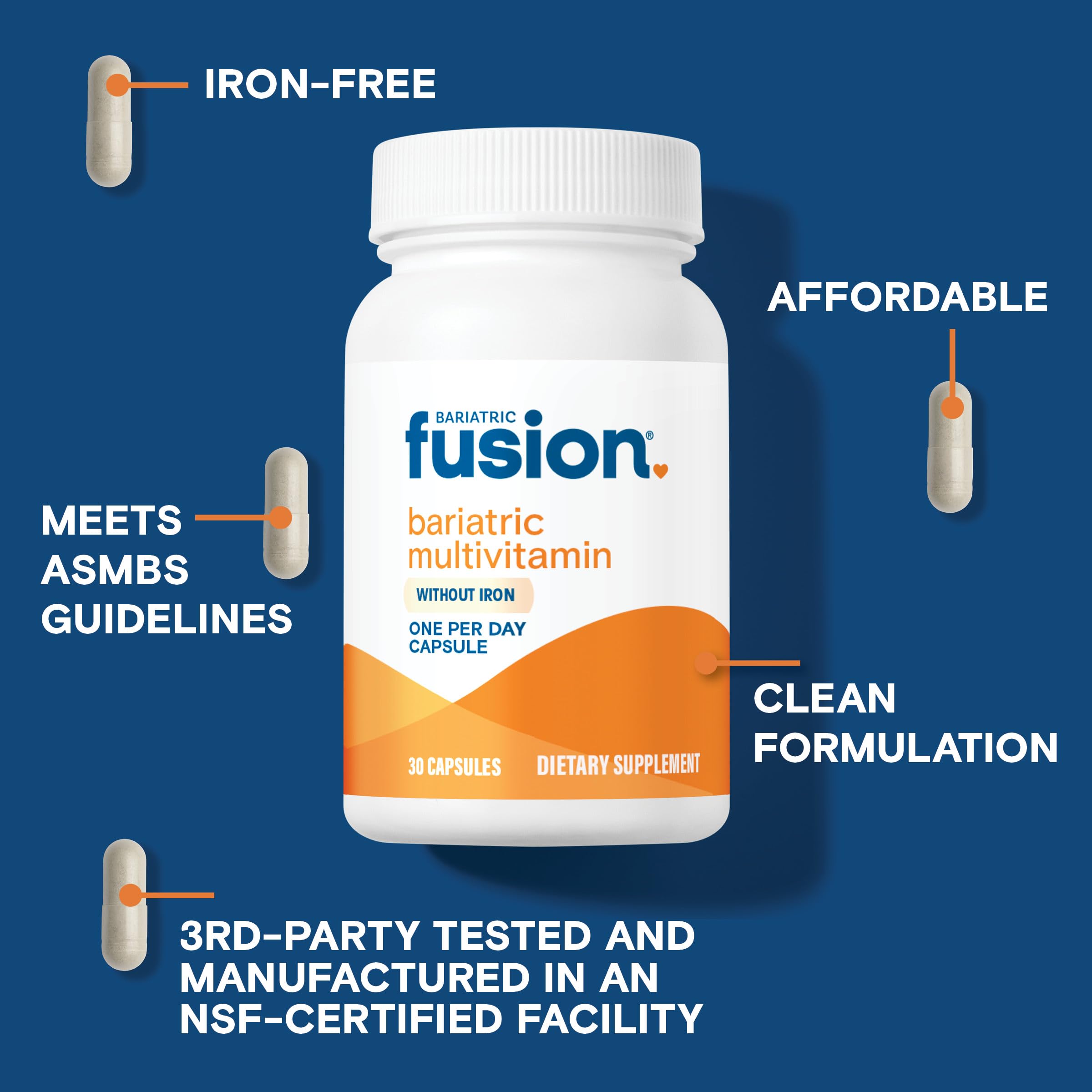 Bariatric Fusion Bariatric Multivitamin Without Iron | 1 Per Day | Post Surgery Patients | Iron Free Vitamin for Gastric Bypass and Sleeve Gastrectomy | Easy to Swallow Capsules | One Month Supply