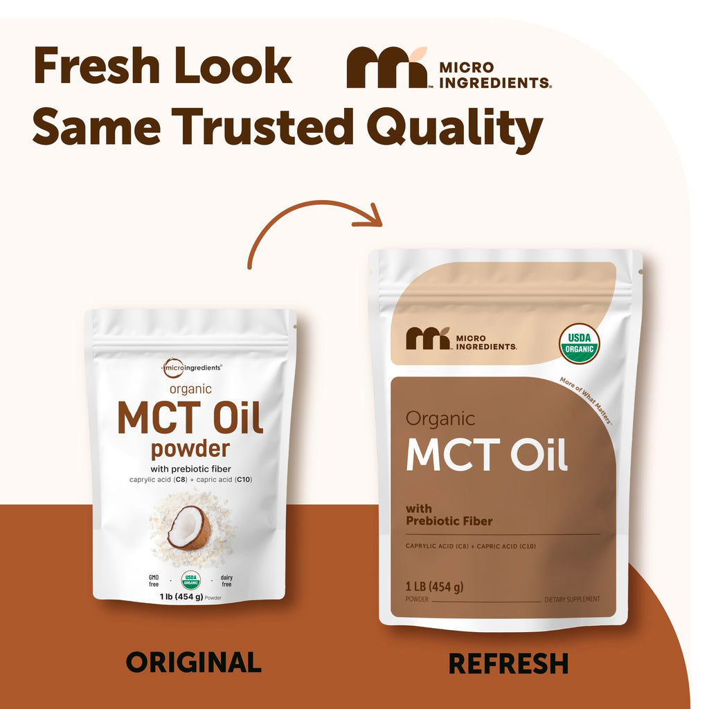 Micro Ingredients Organic MCT Oil Powder with Prebiotic Fiber, 1 lb (16 oz) | C8 & C10 MCT Oil for Coffee Creamer. 45 Servings. Unflavored. Keto & Vegan Friendly, Non-GMO, Gluten Free.
