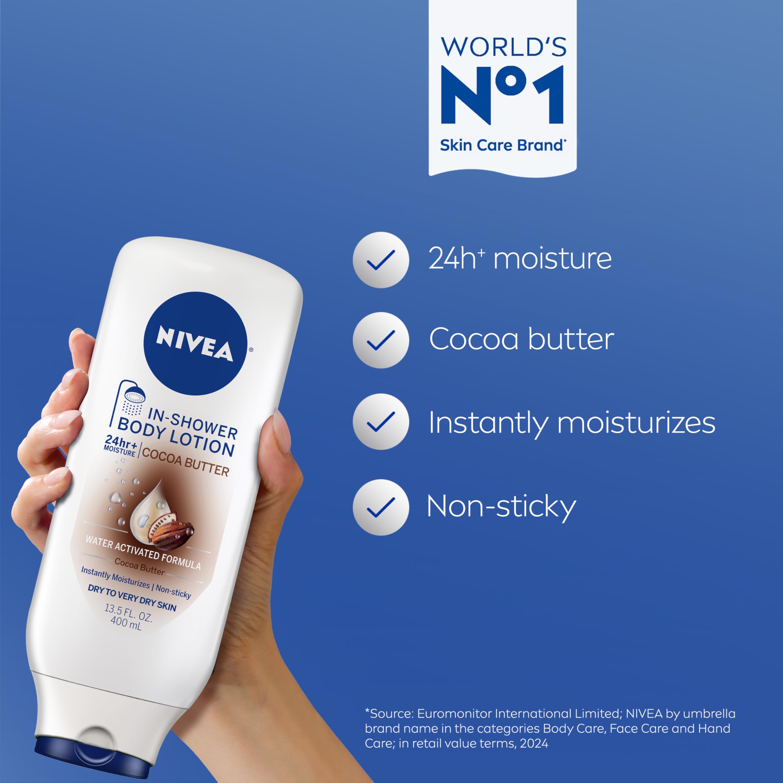 NIVEA Nourishing In Shower Body Lotion, Cocoa Butter, 13.5 FL OZ | Water Activated In Shower Moisturizer with Cocoa Butter for Dry to Very Dry Skin, Non Sticky, Non Greasy Feel