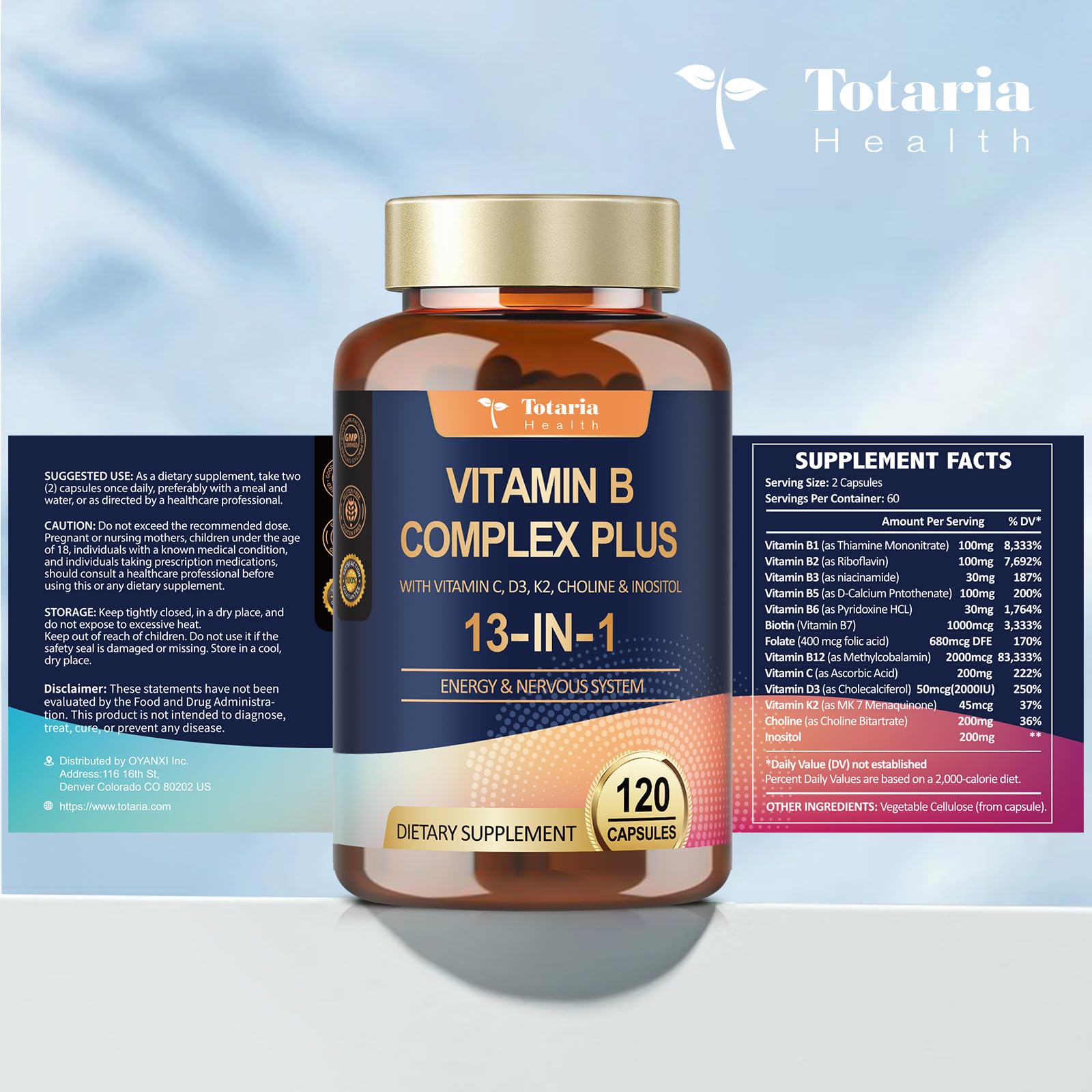 13-in-1 Vitamin B Complex Plus with Vitamin B1, B2, B3 (Niacinamide), B4, B5, B6, B7 (Biotin), B8 (Inositol), B9 (Folate), B12, C, D3, K2 - Energy, Nerve, Immune, Skin Support - 120 Vegan Capsules