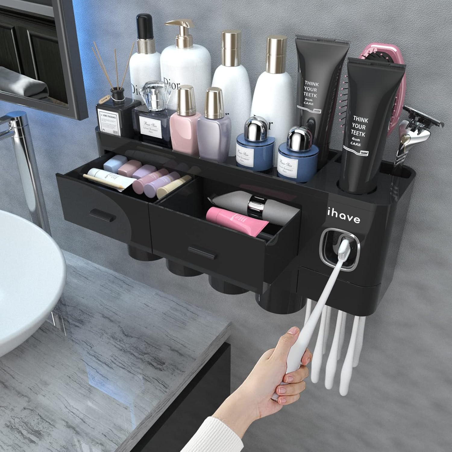 Buy now iHave Toothbrush Holders for Bathrooms, 4 Cups Toothbrush Holder Wall Mounted with Toothpaste Dispenser - Large Capacity Tray, 2 Cosmetic Drawer - Bathroom Organizer & Bathroom Accessories Set 4 cup Black at indiglob india