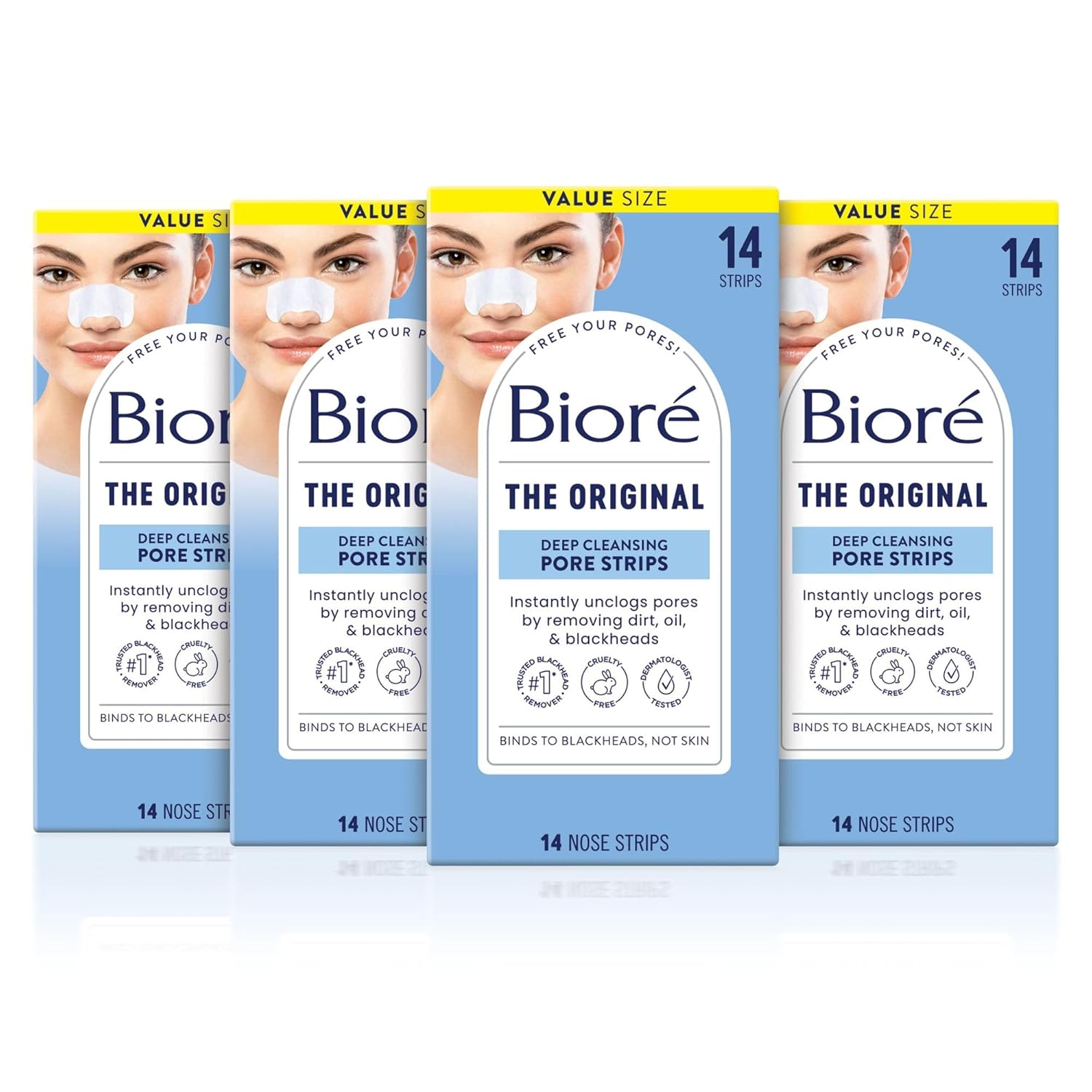 Buy now BiorÃ© Nose+Face Blackhead Remover Strips, Deep Cleansing Strips for Nose, Chin, or Forehead, Instant Blackhead Removal and Pore Unclogging, Oil-free, Non-Comedogenic Use, Value Size 24 Count 14 Count (Pack of 4) Original Deep Cleansing Pore Strips at indiglob india