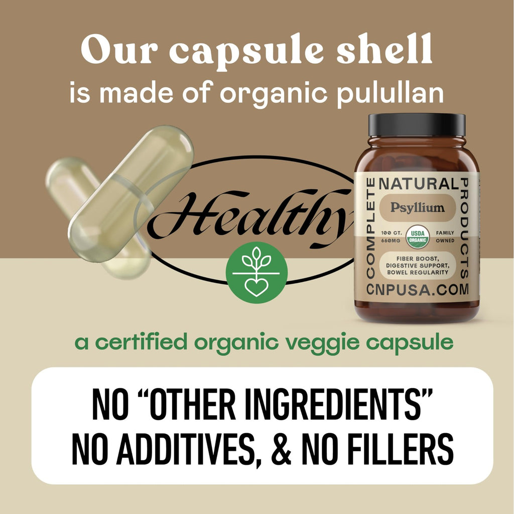 CNP | Organic Psyllium Husk Capsules 660mg - Fiber Caps, Colon Cleanse Aid | Organic psyllium husk capsules for fiber, digestive regularity and colon cleanse support; vegetarian, gluten free daily caps