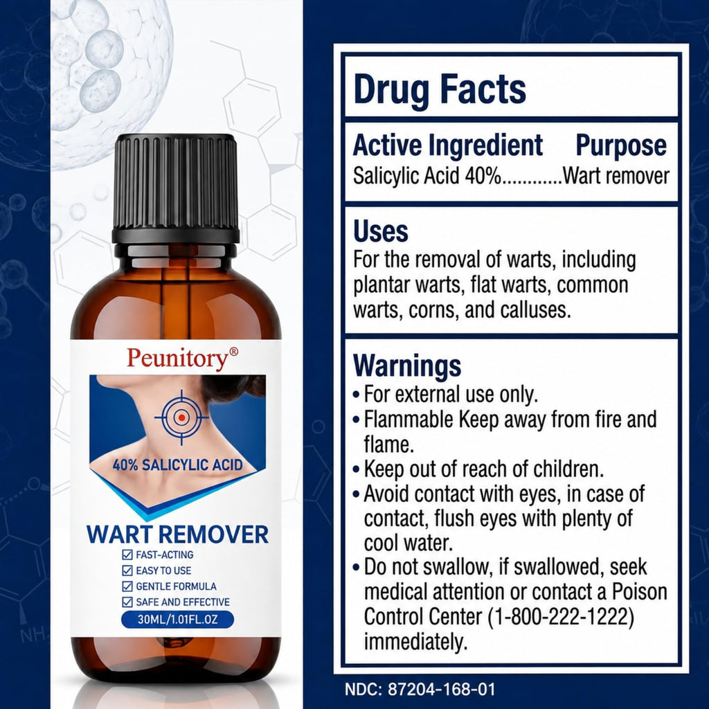 Peunitory 40% Salicylic Acid Wart Remover Liquid, Fast-Acting Wart Remover for Common & Plantar Warts, Maximum Strength Salicylic Acid Wart Remover for Hands, Feet, Neck & Body, 1.01 fl oz