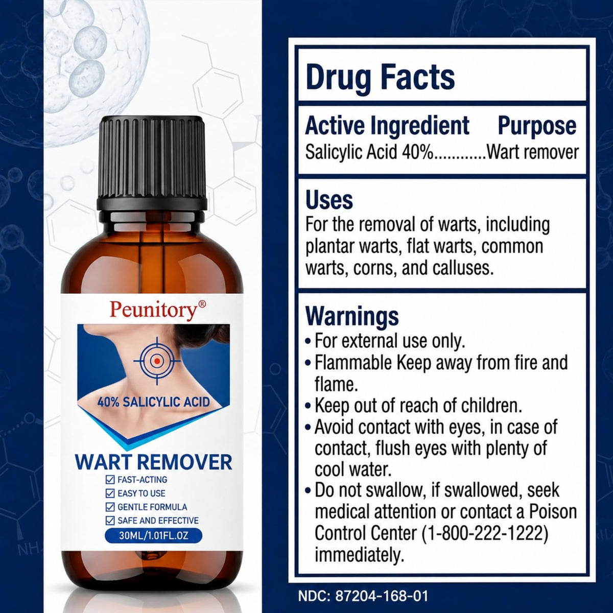 Peunitory 40% Salicylic Acid Wart Remover Liquid, Fast-Acting Wart Remover for Common & Plantar Warts, Maximum Strength Salicylic Acid Wart Remover for Hands, Feet, Neck & Body, 1.01 fl oz