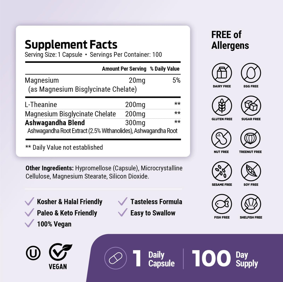 ForestLeaf L Theanine Supplement - L-Theanine 200mg with Ashwagandha and Magnesium for Focus, Stress Relief & Relaxation - Non-GMO & Gluten Free - 100 Caps