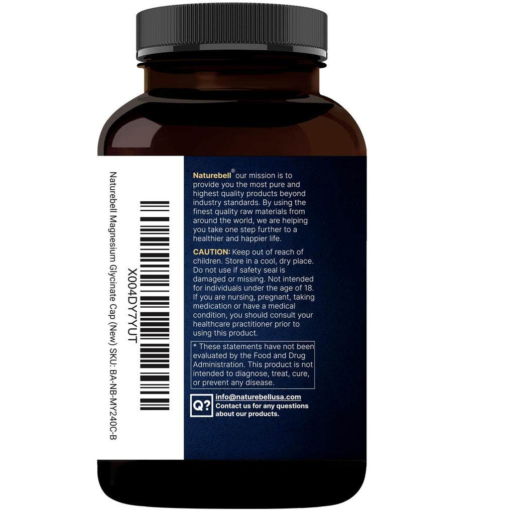 NatureBell Pure Magnesium Glycinate 500mg Per Serving, 240 Veggie Capsules | 100% Chelated & Purified Magnesium Supplement for Women & Men. 3rd Party Tested, Vegan Friendly, Non-GMO, Filler Free.
