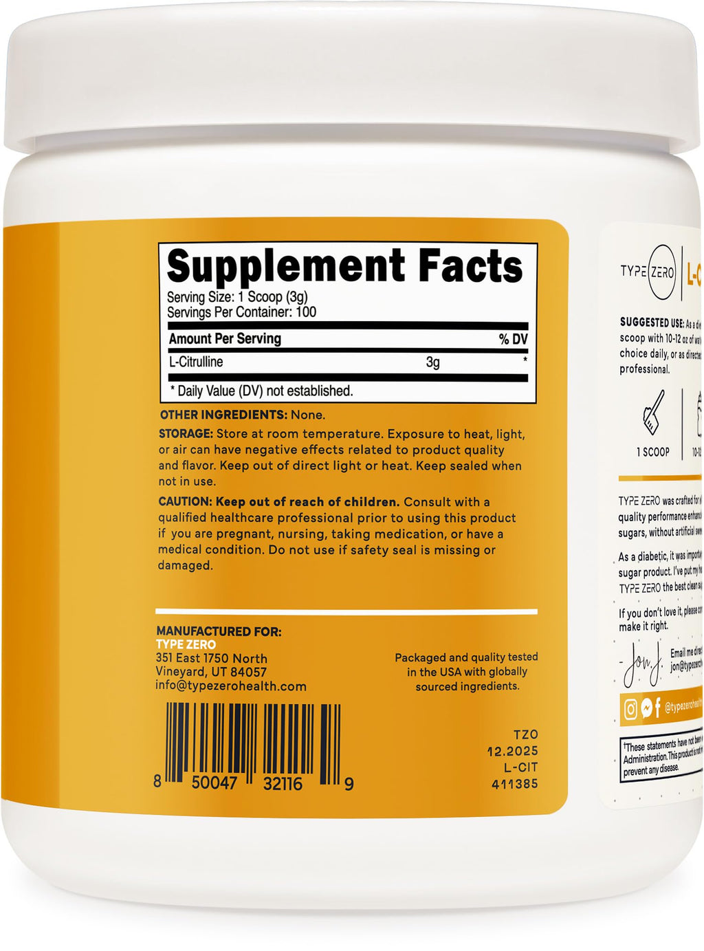 Type Zero L-Citrulline Powder, 3000mg Pump Pre Workout, 100 Servings