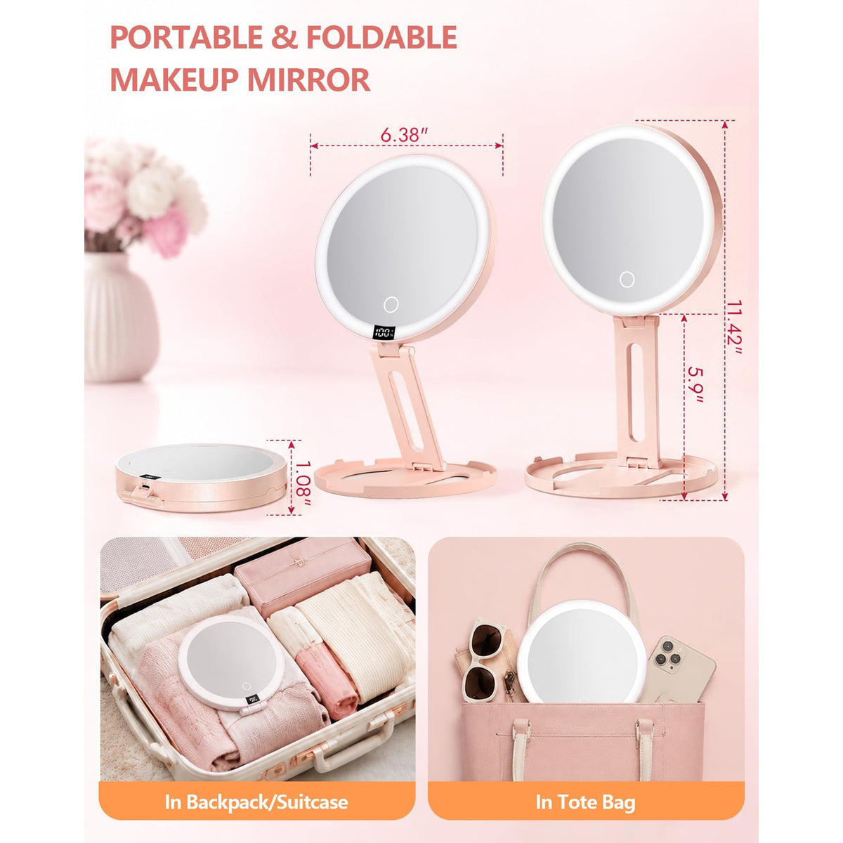 Foldable Travel Makeup Mirror with Lights 20X/1X Magnifying Mirror