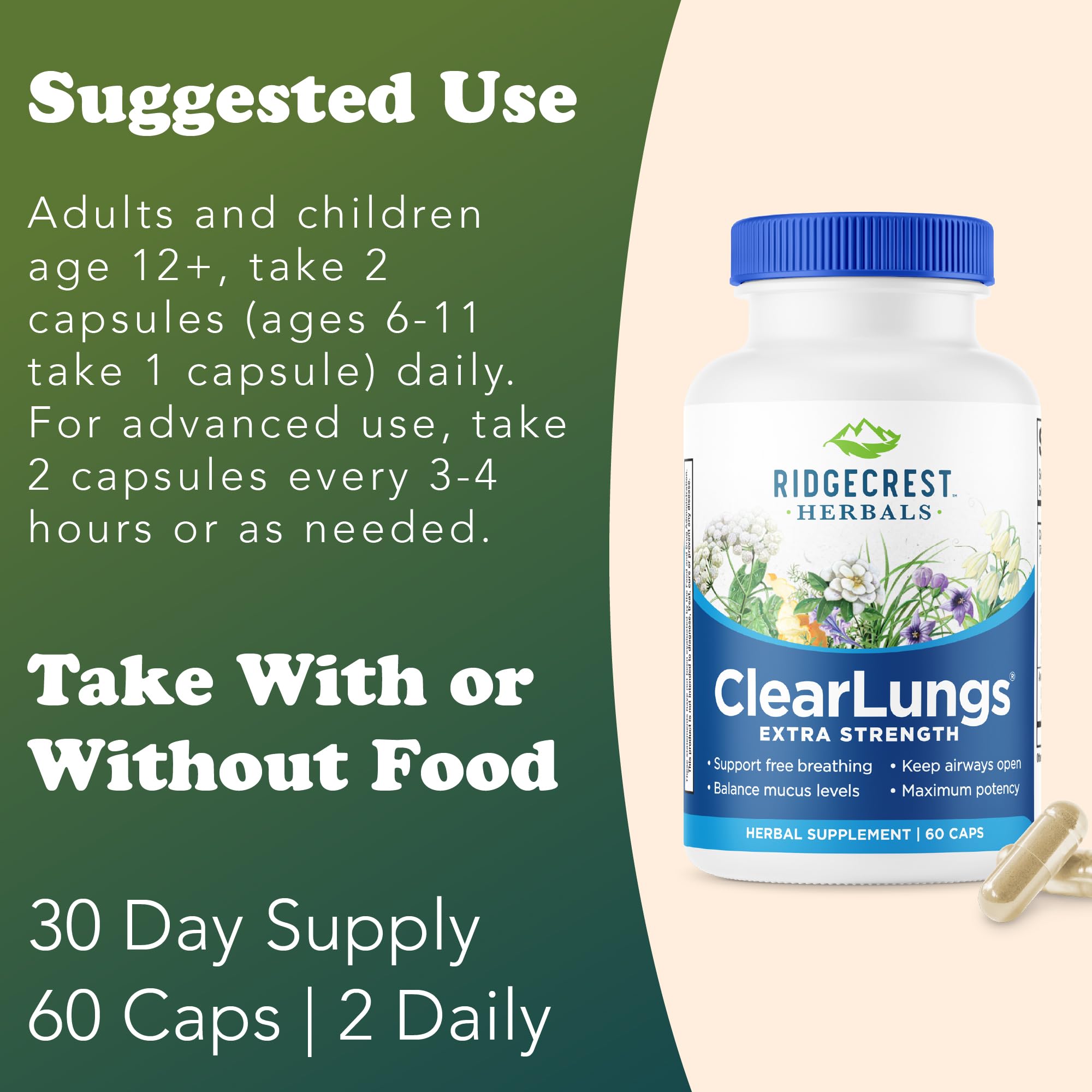 RidgeCrest Herbals ClearLungs Extra Strength Lung Health Support 60 Ct | 30 Servings, 13 Unique Herbs, Natural Nasal Support, Respiratory Comfort, 50% more than Classic with Availablend