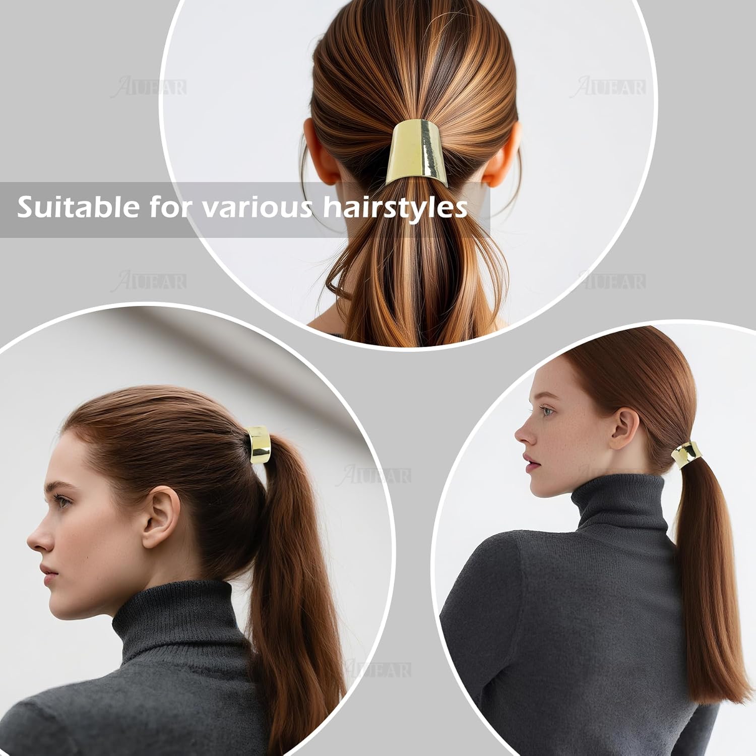Buy now AUEAR, Brushed Metal Expandable Hair Cuff Ponytail Holder Elastic Tie for Women Girls Thick Rings Set (3 Pcs, Style 3) at indiglob india