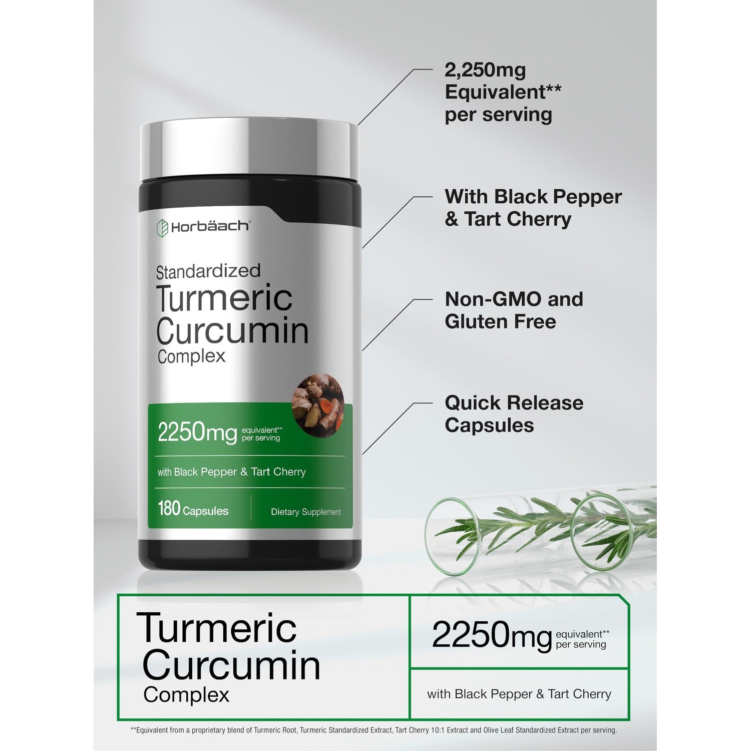 Horbäach Turmeric Curcumin Supplement | 180 Capsules | with Black Pepper & Tart Cherry | Non-GMO & Gluten Free