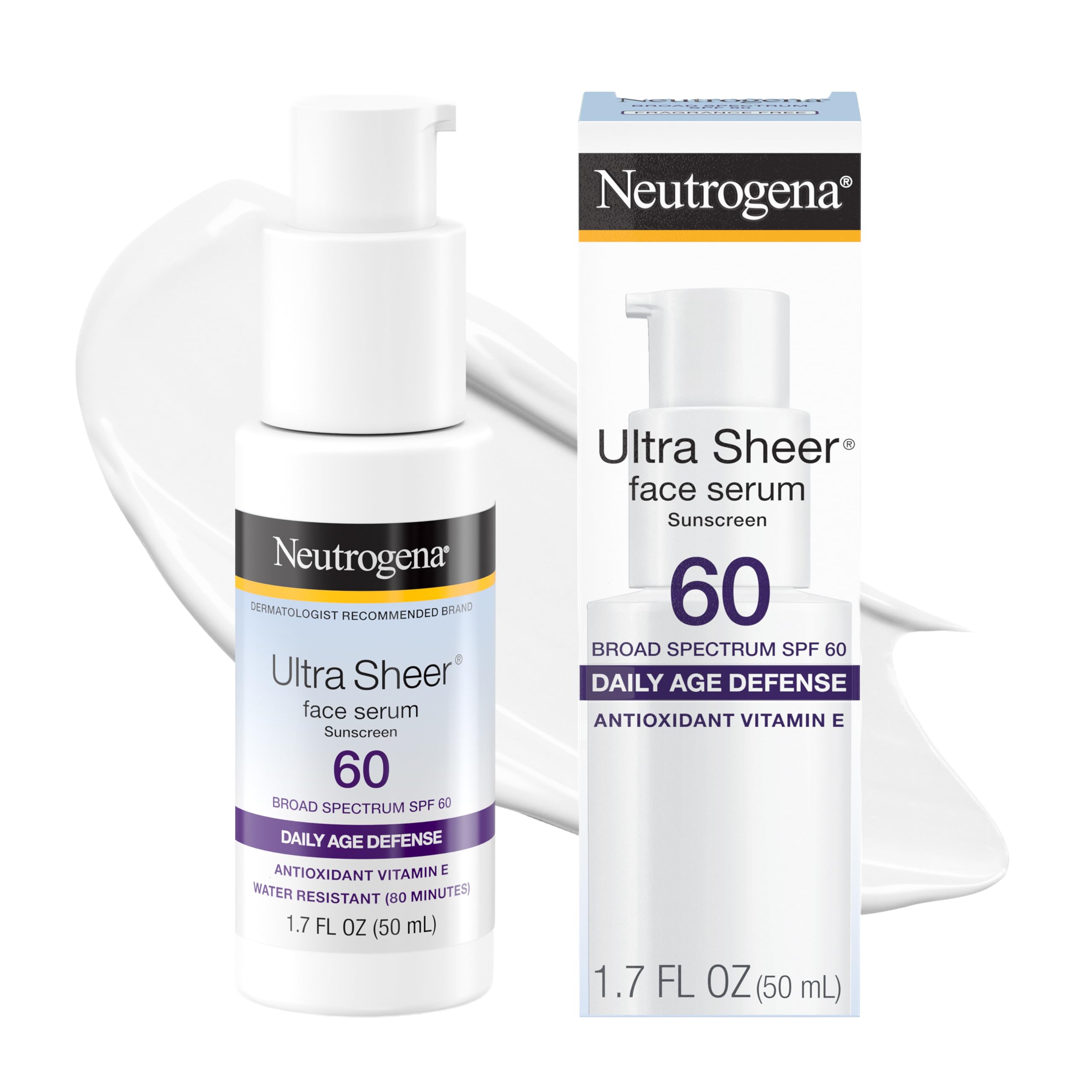 Neutrogena Ultra Sheer Sunscreen Serum SPF 60, Fragrance-Free, 1.7 fl. oz | Broad Spectrum UVA/UVB Protection, Lightweight Serum, Water-Resistant up to 80 Minutes, Non-Comedogenic