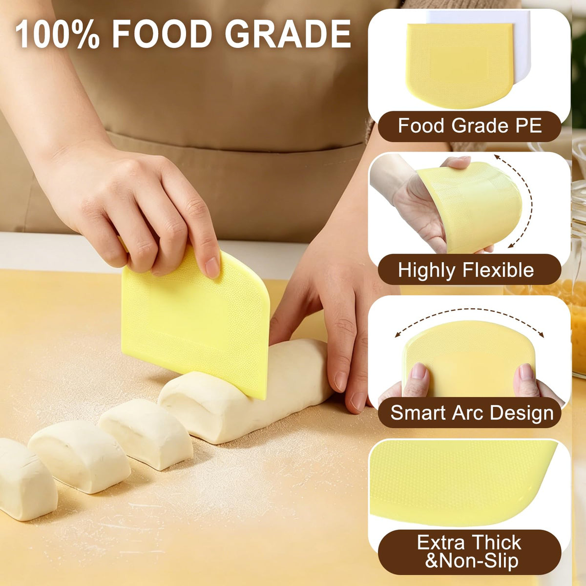 Versatile Bench Scraper with Wood Handle, Premium Stainless Steel Dough Scraper Cutter with 2 PCS Flexible Bowl Scraper for Pastry Bread Pizza, Kitchen Scraper Tool for Flat Top Griddle