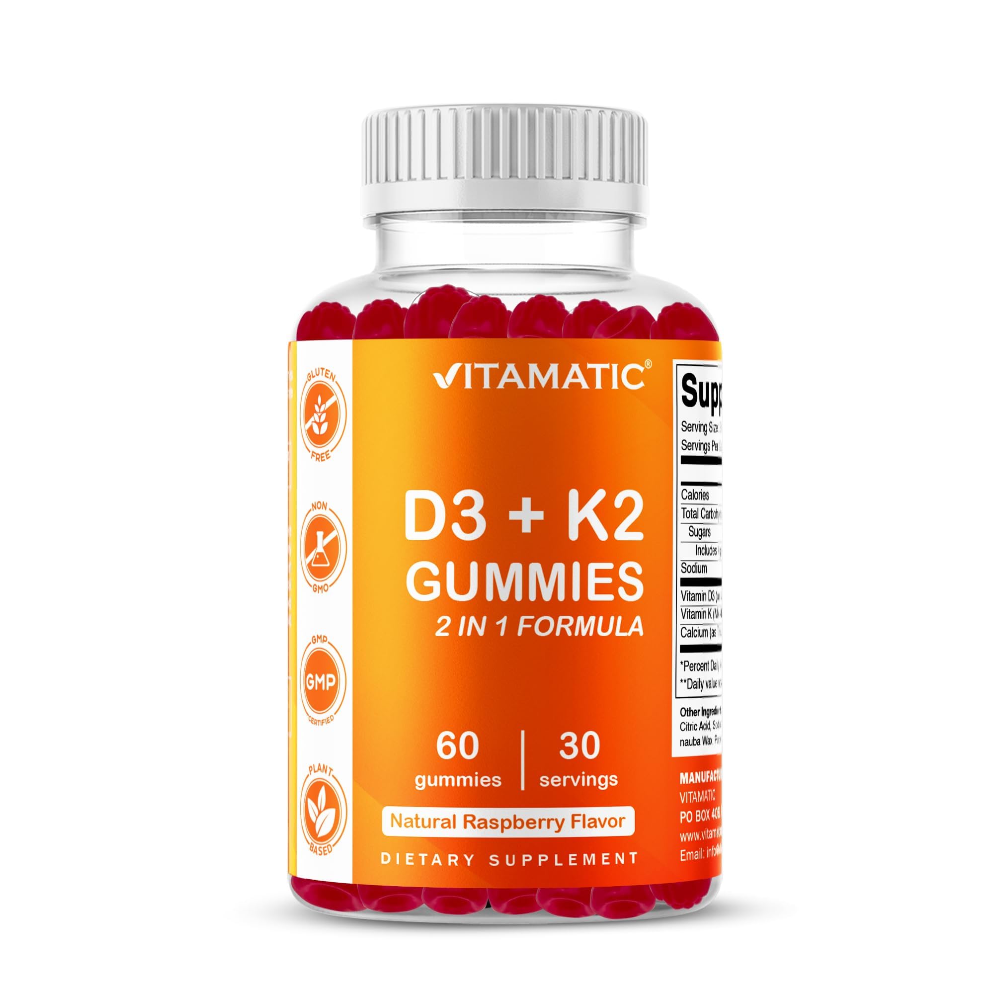 Vitamatic Vitamin D3 + K2 Gummies 60 Count | D-3 5000 IU + Vitamin K 140mcg for Bone Heart & Immune Support, Pectin-Based, Non-GMO, Gluten-Free