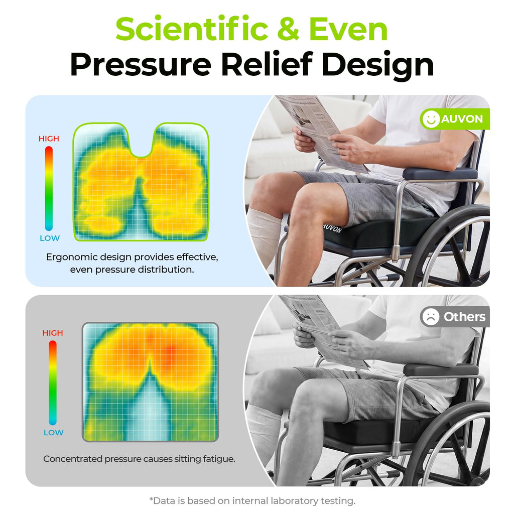 AUVON Wheelchair Seat Cushions (18"x16"x3") for Sciatica, Back, Coccyx, Pressure Sore and Ulcer Pain Relief, Memory Foam Pressure Relief Cushion with Removable Strap, Breathable & Waterproof Fabric